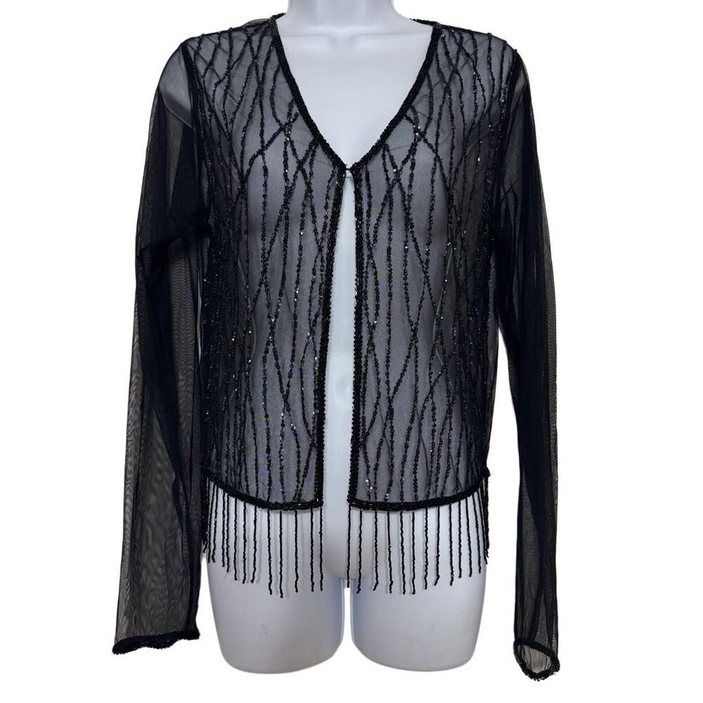 Vintage Y2K Charlotte Russe Black Sheer Beaded Mesh Open Front Duster Festival T